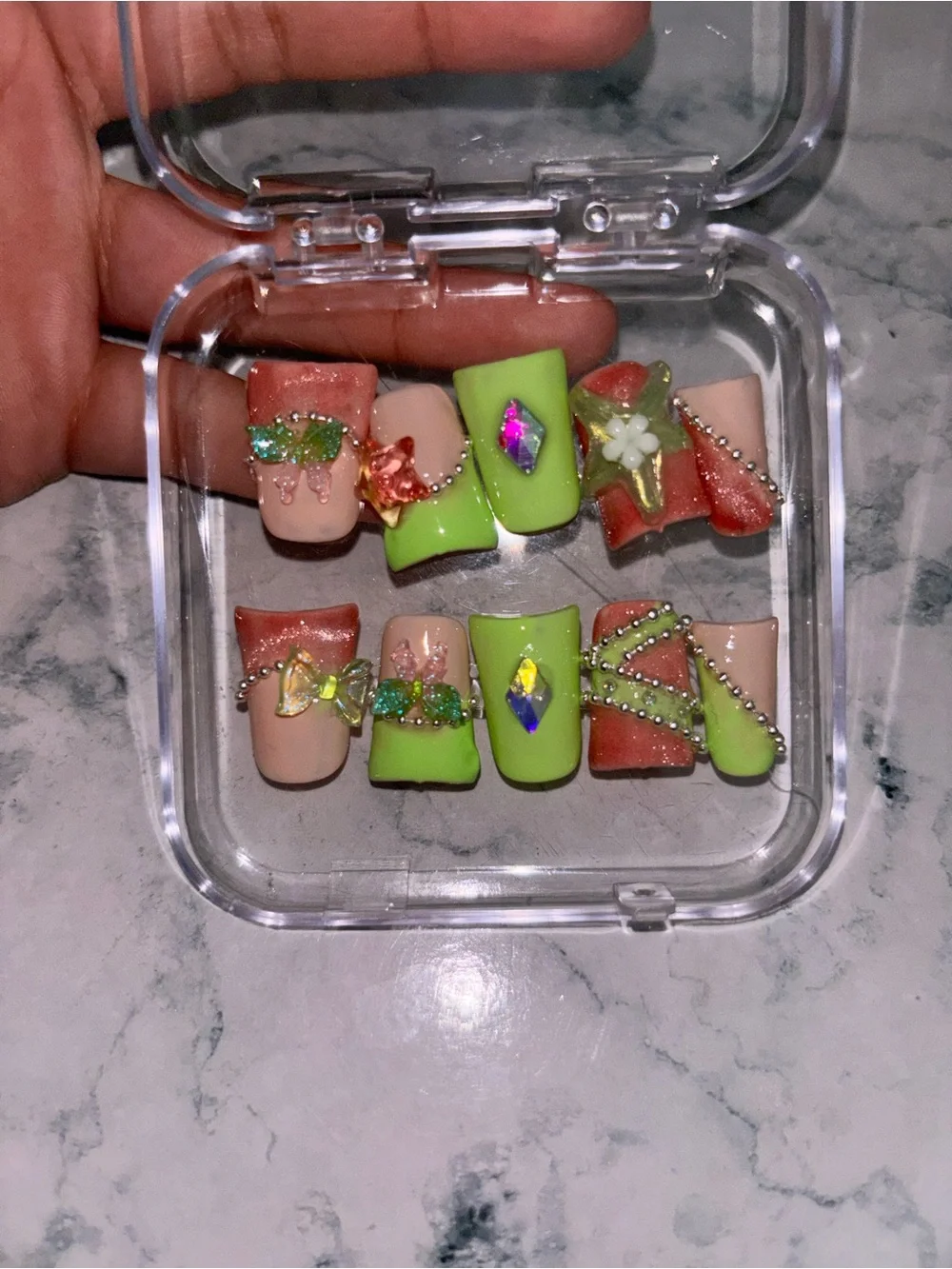 Handmade Neon Green & Peach Crystal Accent Press-On Nails